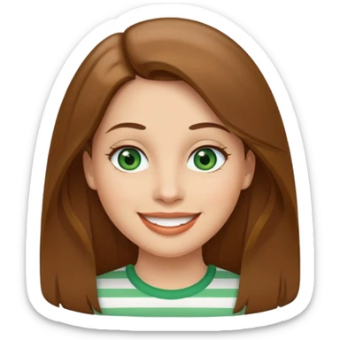 Adult woman avatar, light skin tone, oval face, straight long brown hair, green eyes, neutral mouth, seersucker sticker