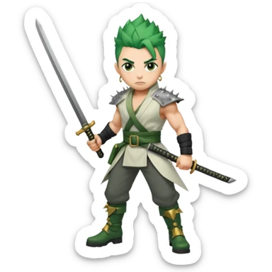 Muscular scarred warrior, short spiky moss-green hair, sharp steel-grey eyes, strong jaw, serious stare. Black trousers, boots, green sash with three katanas, open white coat, three gold earrings. Cinematic, ultra-realistic. (Roronoa Zoro) sticker