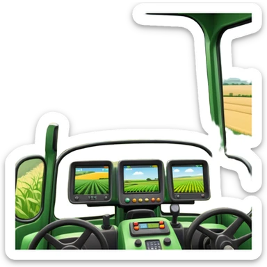 a view from the tractor cabin, with the dashboard in focus, overlooking a vibrant rural landscape. Inspired by Farming Simulator 22, the scene includes fields, crops, and distant barns under a bright sky. The design highlights the immersive experience of farm management. transparent background sticker