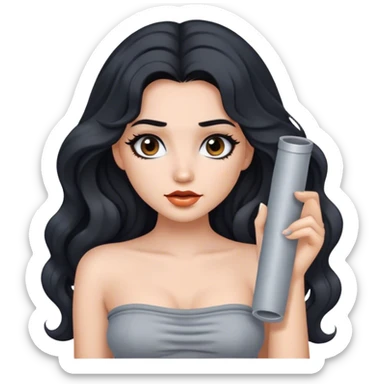 Girl with long wavy black hair with makeup on and a gray tube top sticker