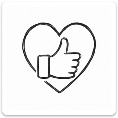 minimalist green thumbs up with heart-shaped outline around it, hand drawn black outline style, white clean background, calm and secure sticker