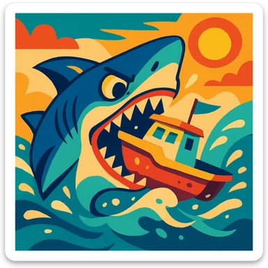 a shark eating a boat, vibrant and dynamic style, colorful, energetic, lively sticker