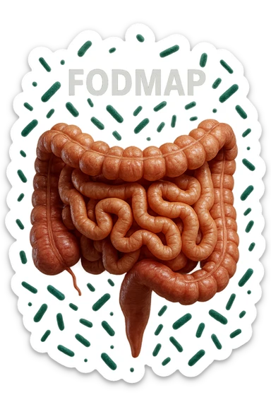 intestino umano anatomico con parole FODMAP CHE GLI FLUTTUANO INTORNO INSIEME A BATTERI INTESTINALI, iperrealistica 4k sticker
