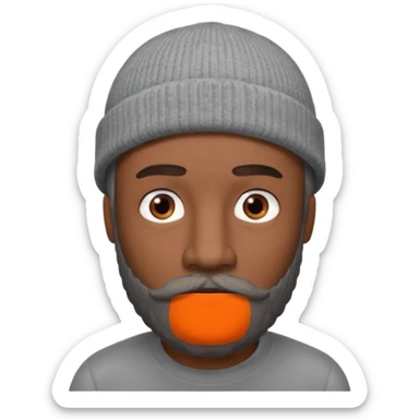 A dark-skinned man with a gray beanie, brown eyes, and a gray mustache and beard, wearing a calm expression. sticker