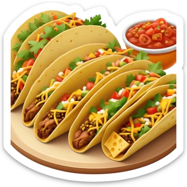 Cinematic vibrant tacos, warm soft shells filled with flavorful meats, fresh vegetables, cheese, and zesty salsa, colorful and lively, ultra-detailed and appetizing. sticker