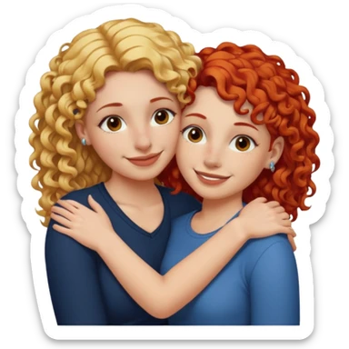 A woman with straight, blonde hair and a nose piercing and a woman with curly red hair and a nose piercing are hugging and smiling together. sticker