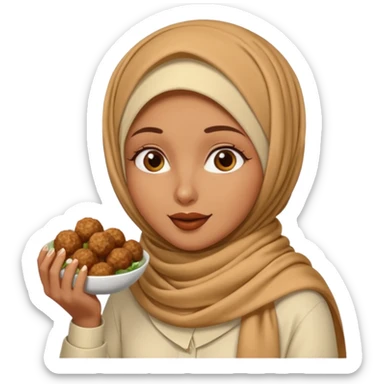 woman wearing a cream colored pashmina hijab eating meatballs sticker