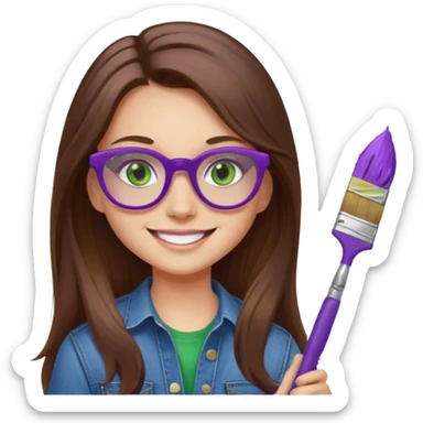 Girl, long brown hair, green eyes, purple glasses, jeans, smiling with a paint brush sticker