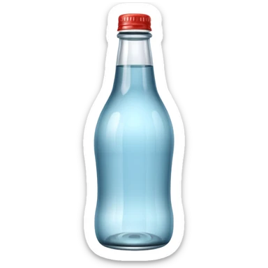 A 3D Apple-style empty soda bottle emoji, classic transparent glass with a narrow neck, no liquid inside, shiny reflective surface, light highlights on the glass, simple round body with a small cap, clean minimal background. sticker