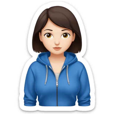 Pretty, sexy, slightly curvy white woman with short dark brown hair, wearing only a tight, front zippered hoodie sticker