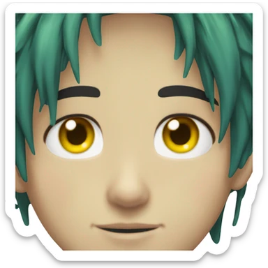 boy with medium lenth anime styled messy dark green hair, light skin, heterochromia, one yellow eye one blue eye sticker