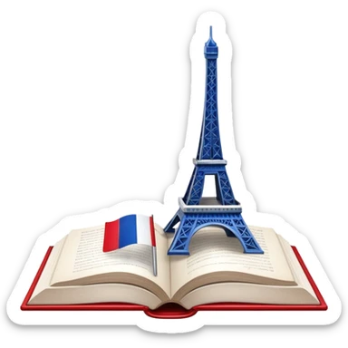 An icon featuring the Eiffel Tower and the flag of France, symbolizing the French language. The design includes an open book with French text, representing language learning and French culture. Transparent background highlights the elegance of the French-speaking world. sticker