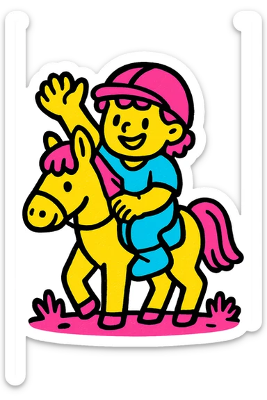 vivid color icon of a child on a horse, approachable and fun, clear outlines sticker