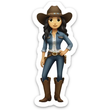 Cowgirl, full body, long dark hair, white skin, big head sticker