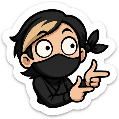 Sexy chibi ninja girl with black short hair and a blonde streak, only head and arms, making a finger gun gesture, bold outlines, no mask, making a goofy cross-eyed expression, sized for Twitch emoji use. sticker