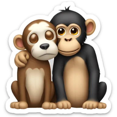 A monkey kissing on the cheek and hugging a dog sticker