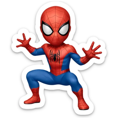 Un piccolo Spider-Man stilizzato in versione “chibi” o cartoonesca, appeso a testa in giù da un filo di ragnatela sottile. Il costume è classico,  La posa è compatta, con le braccia e le gambe piegate verso il corpo, dando un senso di leggerezza e simpatia.  sticker