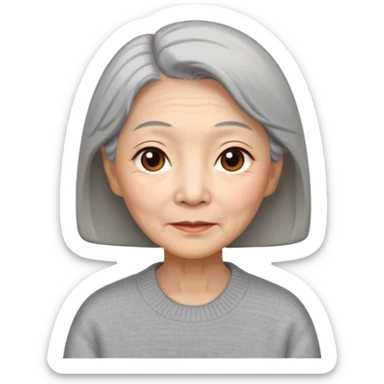 Elderly Chinese woman with gray hair, brown eyes with wise expression lines, beige sweater sticker