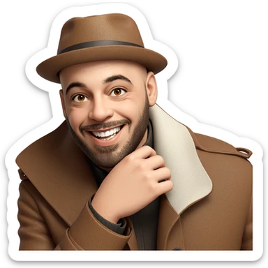 smiling boy in brown coat sticker
