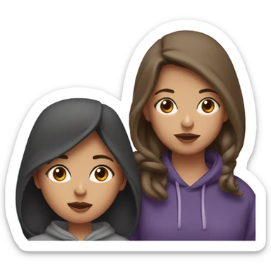 A girl with brown hair in a gray voluminous hoodie kisses a girl with brown hair in a purple T-shirt and a black sweatshirt sticker