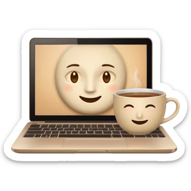 laptop with a neutral face inside the screen, next to a cup of tea sticker