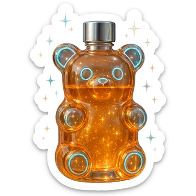 prabangus eliksyro buteliukas, guminuko meškiuko forma, ryški permatoma spalva, sidabrinės ir holografinės detalės, labai mažas kaklelis, vientisas dugnas, buteliukas plūduriuoja ore, be pagrindo ar šešėlio, modernus, kolekcijai tinkamas, dar daugiau magiškų efektų sticker