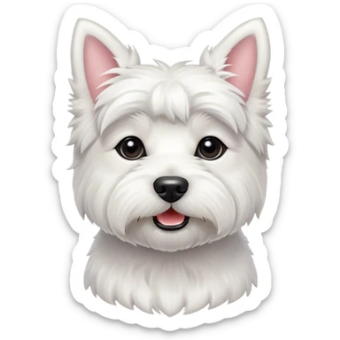 Cinematic Cute West Highland White Terrier Portrait Emoji, Head tilted playfully and inquisitively, featuring a fluffy, immaculate white coat with perky ears, round, sparkling dark eyes filled with curiosity, Simplified yet irresistibly adorable features, highly detailed, glowing with a warm, friendly glow, high shine, affectionate and lively, stylized with a touch of whimsy, bright and endearing, soft glowing outline, capturing the essence of a mischievous yet loving pup, so playful it feels like it could bound out of the screen and into your arms! sticker