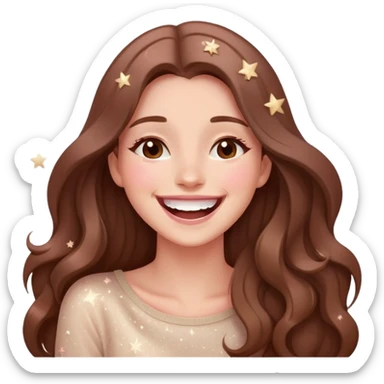 Woman with long brown hair laughing with stars and sparkles, light beige and pink color scheme girl with long brown hair laughing with stars and sparkles, light beige and pink color scheme sticker