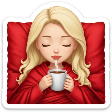 girl inside a red bulgary blanket sipping coffee eyes closed sticker