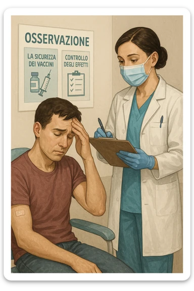 Vertical, educational medical illustration: a healthcare professional observes a patient who appears unwell after receiving a vaccine. The patient sits in a clinic chair, showing mild symptoms such as fatigue or headache, while the professional takes notes and offers reassurance. The background includes educational posters about vaccine safety and monitoring. realistica in italiano sticker
