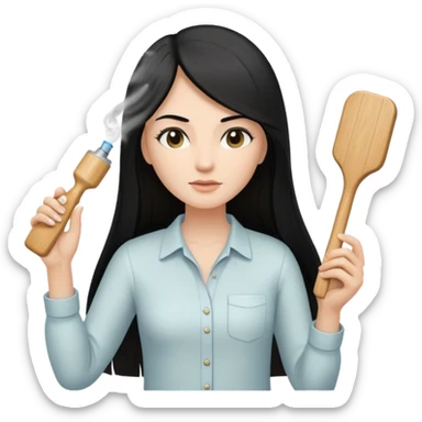 A white woman with long, straight black hair, wearing an ivory-colored shirt, holding a small square wooden paddle hairbrush in her left hand and spraying a hair mist bottle with her right hand toward her hair. sticker