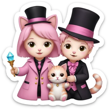 Aesthetic pink teddy magician couple and their pet cat sticker