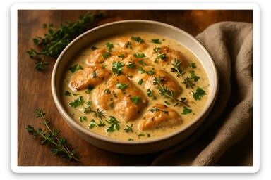 creamy chicken, served in a bowl, garnished with herbs, cozy feel, no text sticker