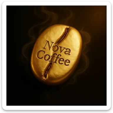 Enhance the golden coffee bean to be even more detailed and realistic while maintaining a clean, minimalist, and luxurious style. Add the text 'Nova Coffee' engraved or burned naturally and elegantly into the surface of the bean. Keep the soft swirling mist and the black background with a soft golden glow in the corners, with transparent edges. Render in the highest resolution possible. sticker