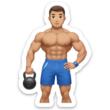 jacked man with blue shorts holding kettlebell sticker