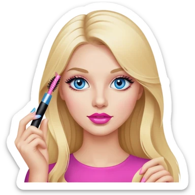 Blonde woman with long hair, blue eyes and pink lips holding mascara in her hands sticker