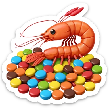 Shrimp made from candy like smarties, skittles, mars bar, nerds colorful sticker