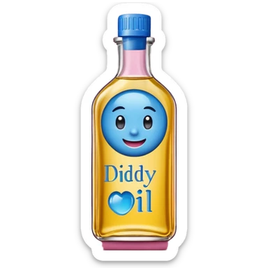 Smiling bottle of oil blue top pink outside with logo that says Diddy oil sticker