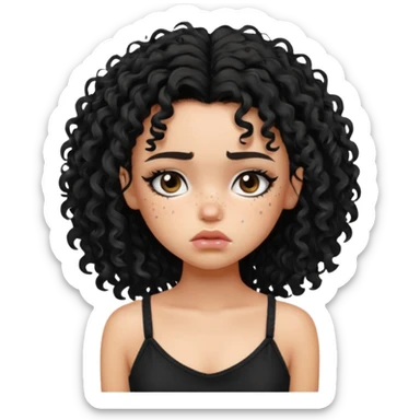 generate a pretty fair bratz girl with black messy curly hair looking sad . Wearing a black cami sticker