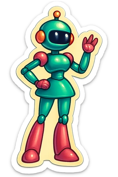 cartoon slim female robot, retro sticker style sticker