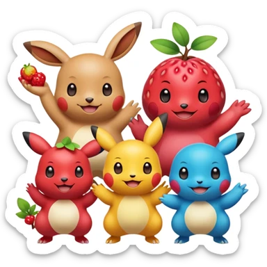 Three Pokémon characters showing kindness and teamwork. One Pokémon is handing a berry to another, while the third Pokémon is cheering and clapping happily. They look joyful and friendly, standing close together in a bright, colorful cartoon scene. The style is cute, playful, and emoji-like. sticker