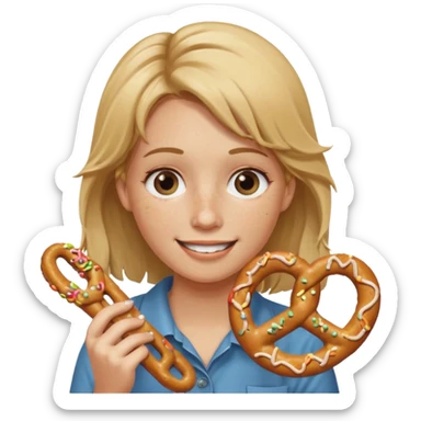 Short, center part, Dirty blond hair, fair skin with freckles,  holding pretzels and closing one eye sticker