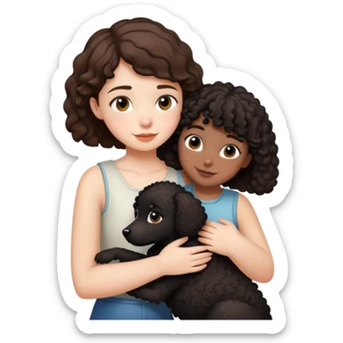 Short straight hair girl hugging black curly dog sticker