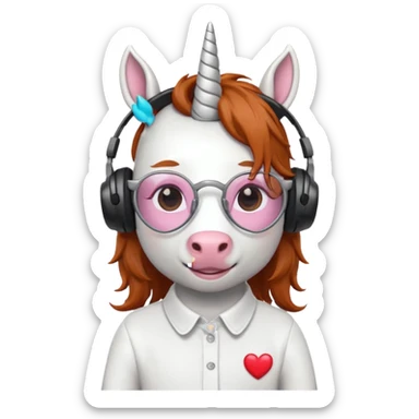 headphone wearing white unicorn with dark ginger hair and heart shaped spectacles very unicorn looking sticker