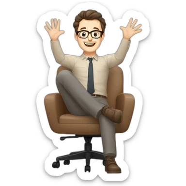 Joyful Celebrating victory Hands up Pale skinned Fit Man With dark brown hair in gray jacket, beige office shirt, Brown pants and vintage glasses sitting In a soft chair sticker