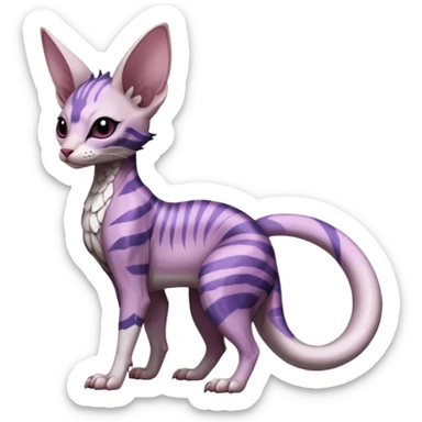 scaly, Purple, white, black, Minccino-Sphynx-Lykoi-Linoone-Zangoose-fusion-hybrid-animal-Fakémon-creature, full body, thin long sleek scaly tail, intricate markings sticker