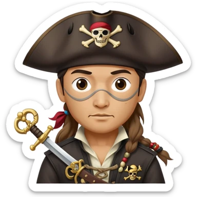 Kazakh pirate wearing traditional Kazakh hat and clothes with an eye patch and a pirate sword sticker