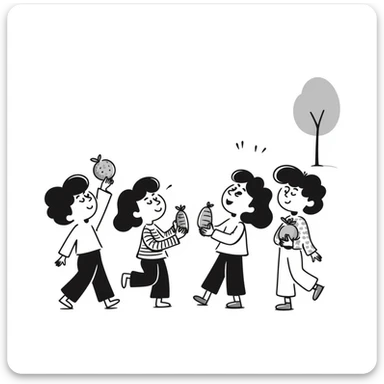 healthy boys and girls running around playing with some eating fruit sticker