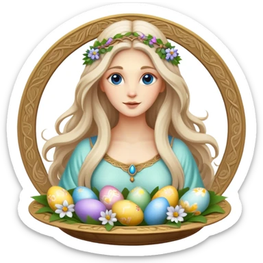 A beautiful goddess Eostre with flowing hair and spring flowers, holding Easter eggs and a Passover seder plate sticker