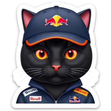 a black cat wearing a Red Bull Racing cap sticker